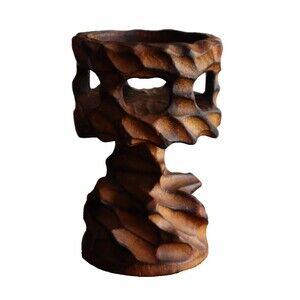 Vtg MCM Brutalist Carved Twisted Chalice Burl Wood Candle Holder Stand Tiki 6"